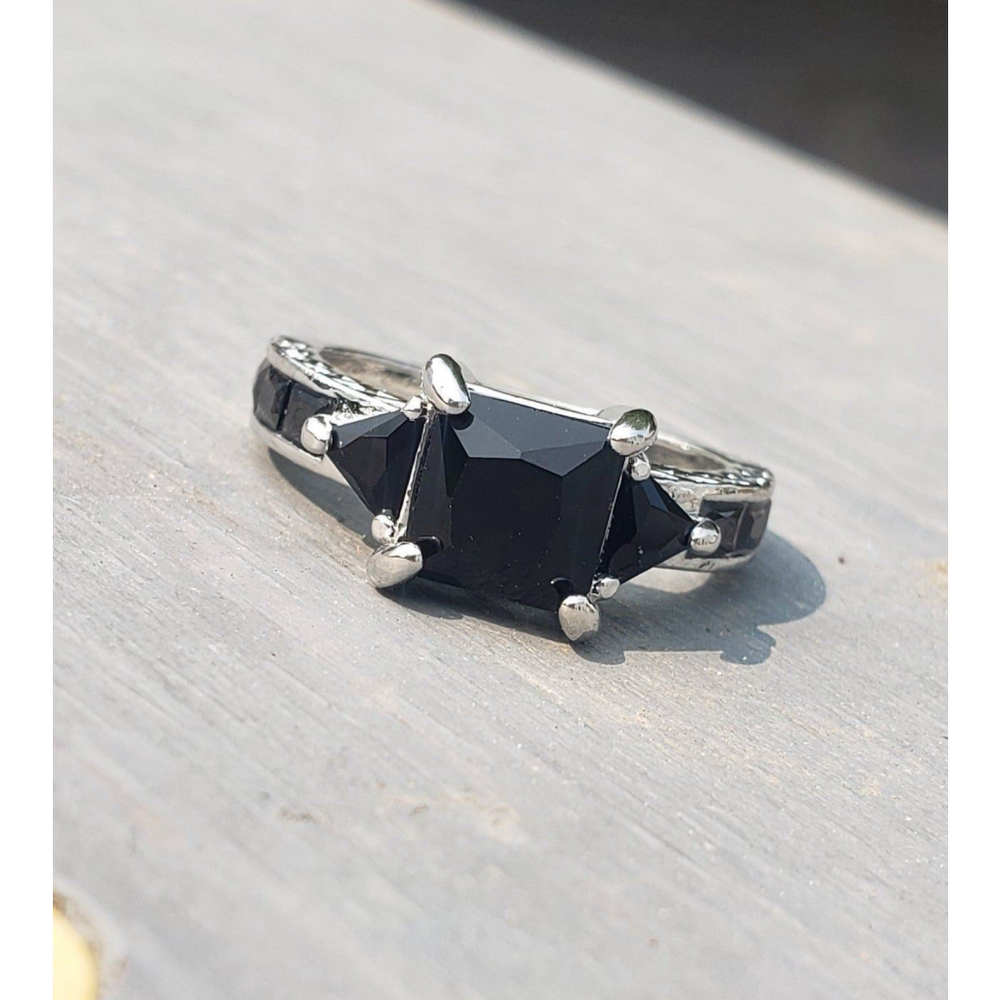 Black Princess Cut Engagement Solid 925 Sterling Silver Black Onyx Ring